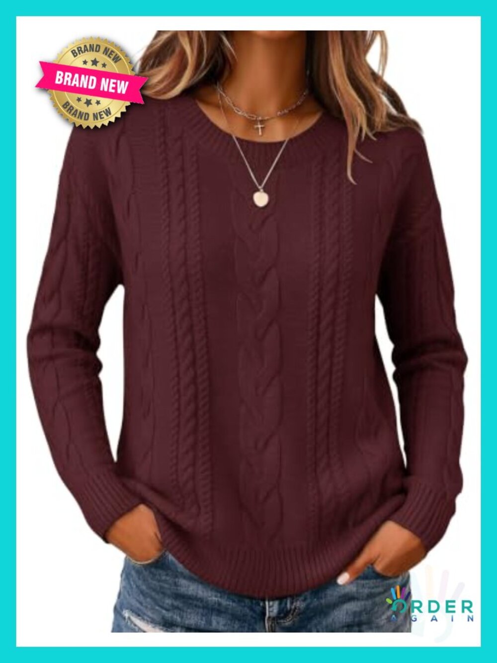 Cable Knit Chunky Pullover Sweater Loose Fit Crew Neck Fall Casual